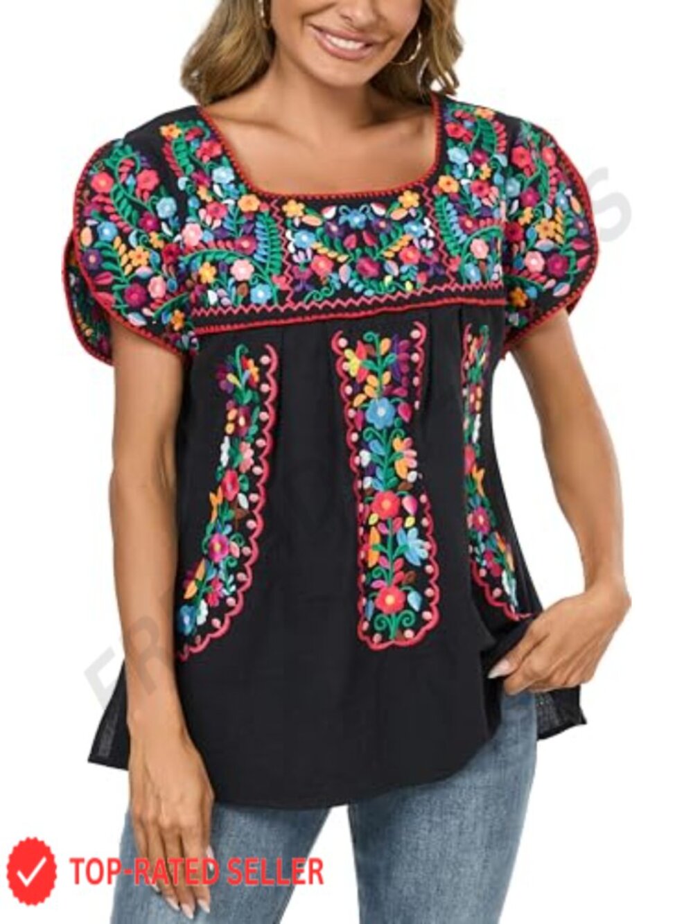 Embroidered Mexican Peasant Tunic Top Cotton Summer Blouse